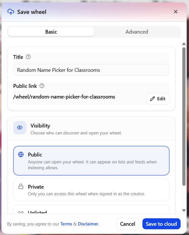 Save wheel dialog on SpinWheelPlus.