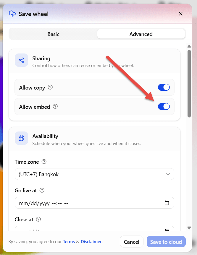 SpinWheelPlus publish dialog with Allow embed checked and the public wheel slug visible under the title