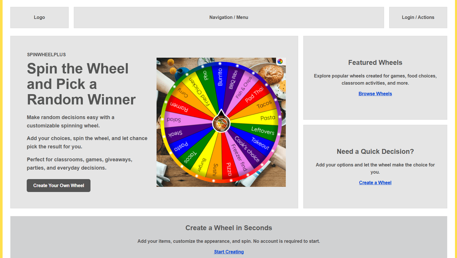 Website hero with headline and CTA on the left and a colorful dinner spin wheel embedded on the right