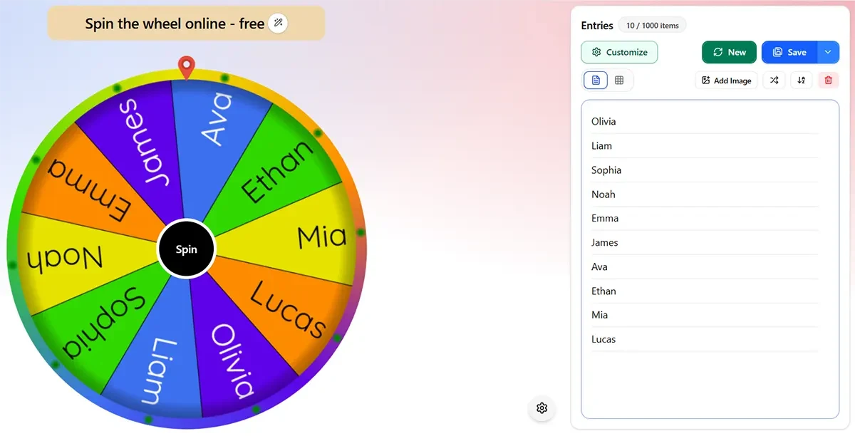 Homepage spin wheel filled with ten short first names