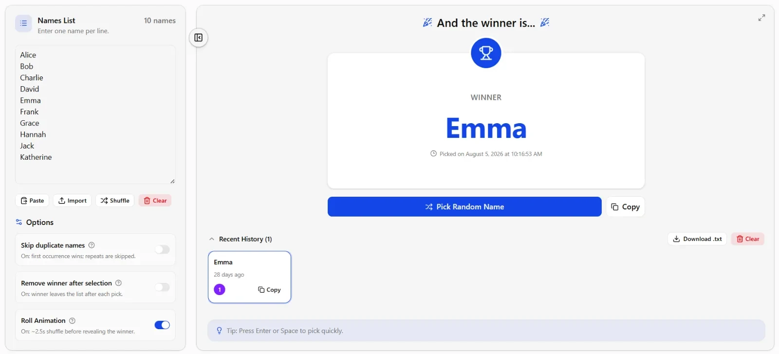 Random name picker with a roster and Pick Random Name ready