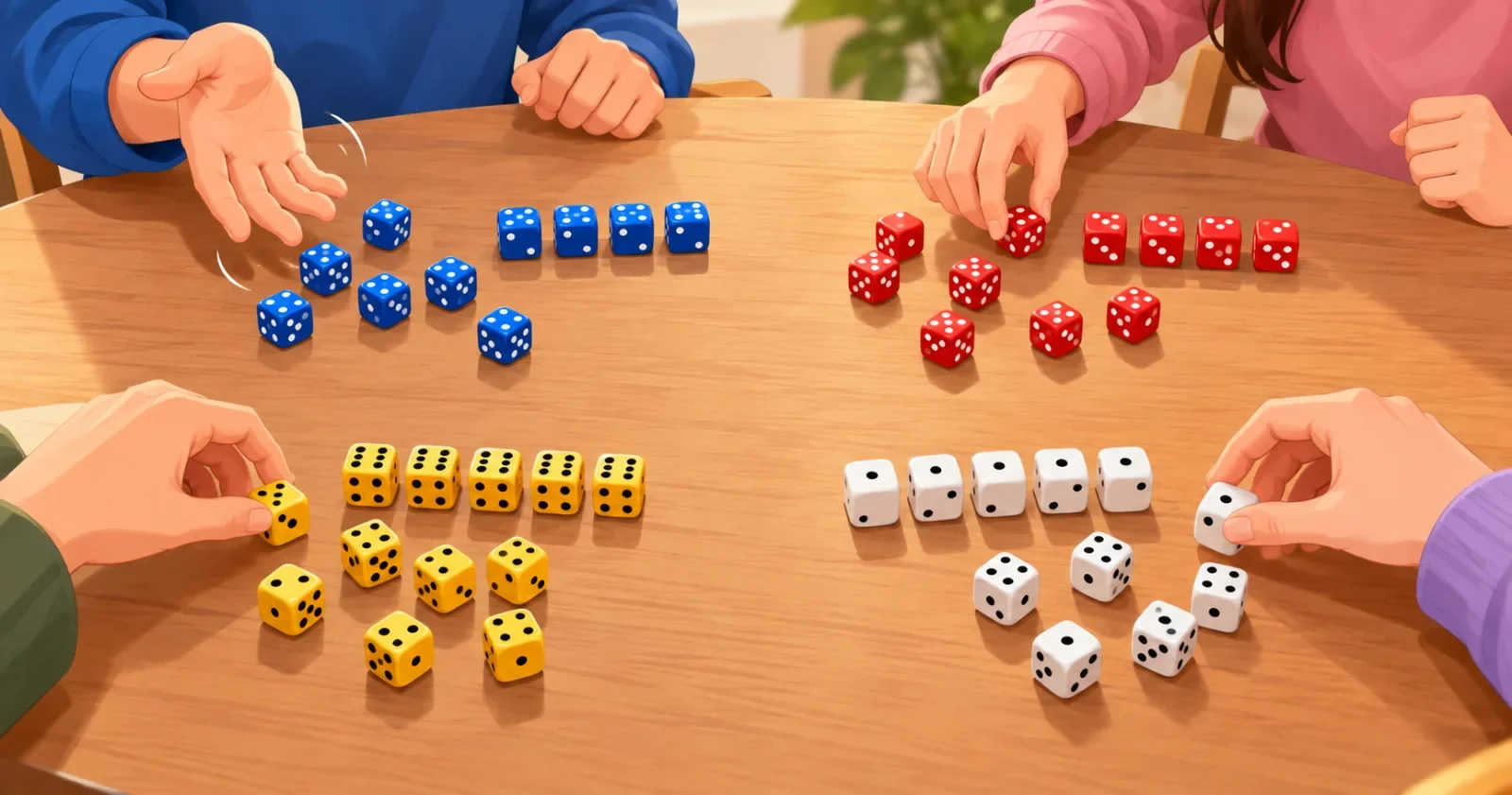 Ten dice each, with matching faces set aside