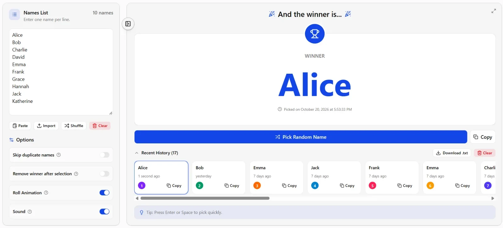 Name Picker showing duplicate skip, remove winner, and copy