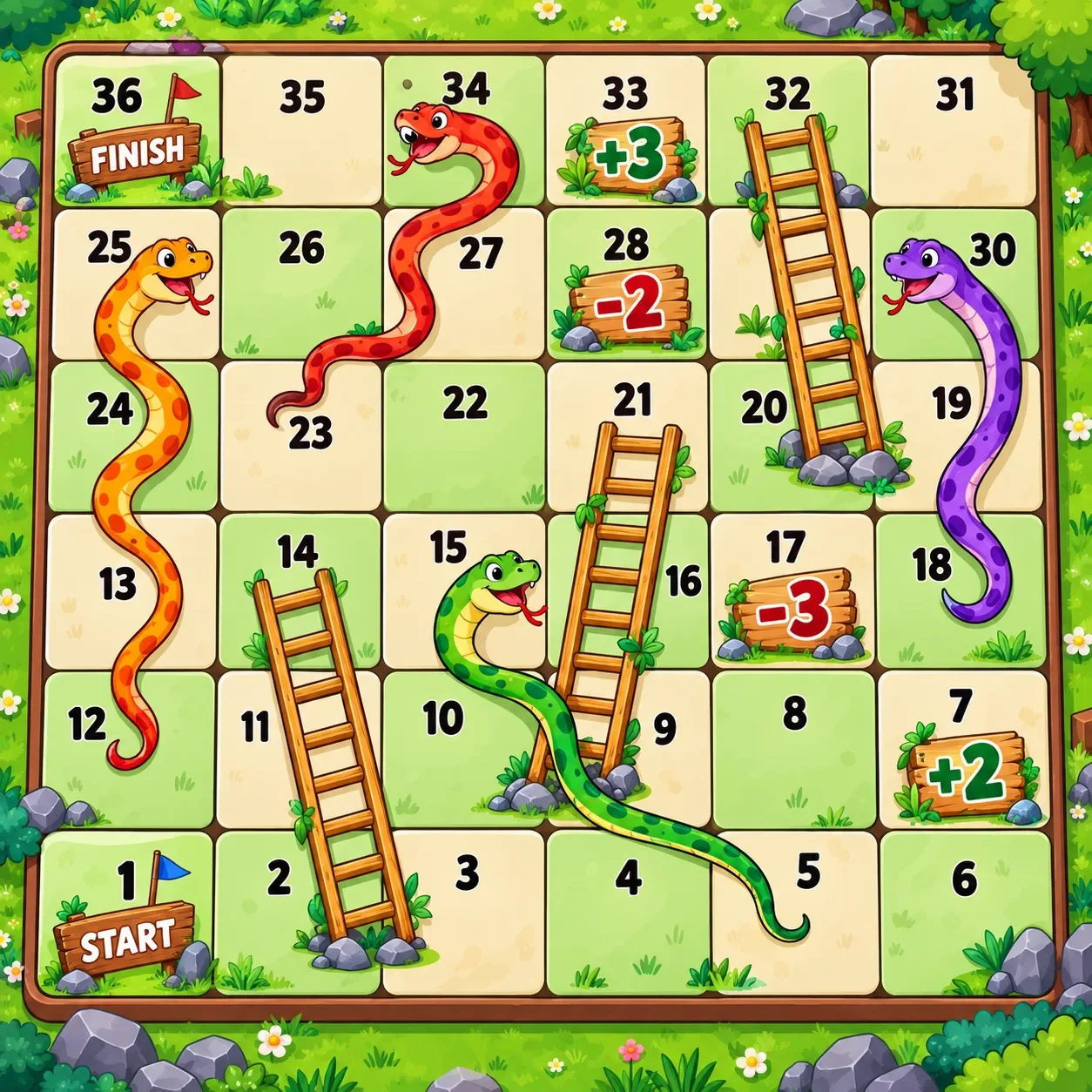 Hard 36-square board with snakes, ladders, and step squares