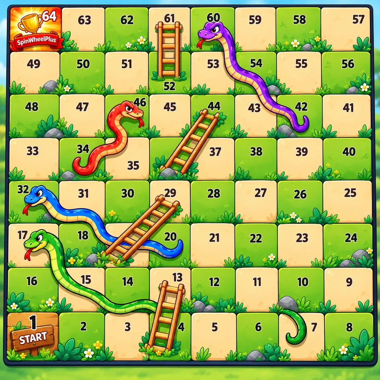 Easy 64-square snakes and ladders board