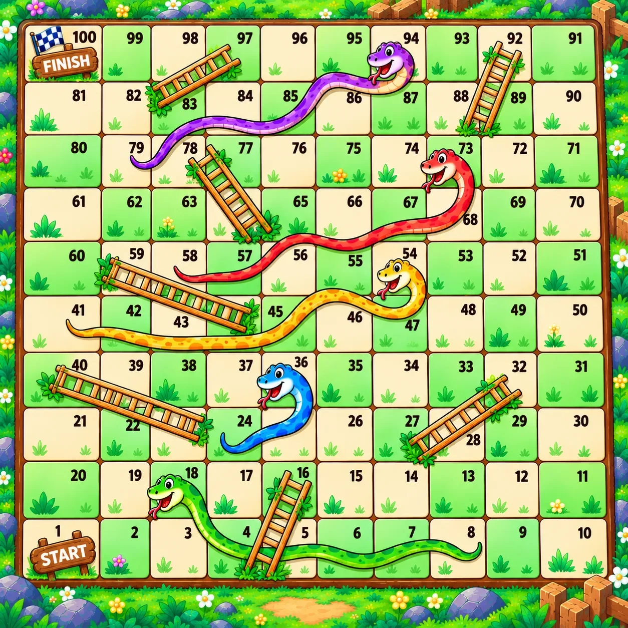Easy 100-square snakes and ladders board