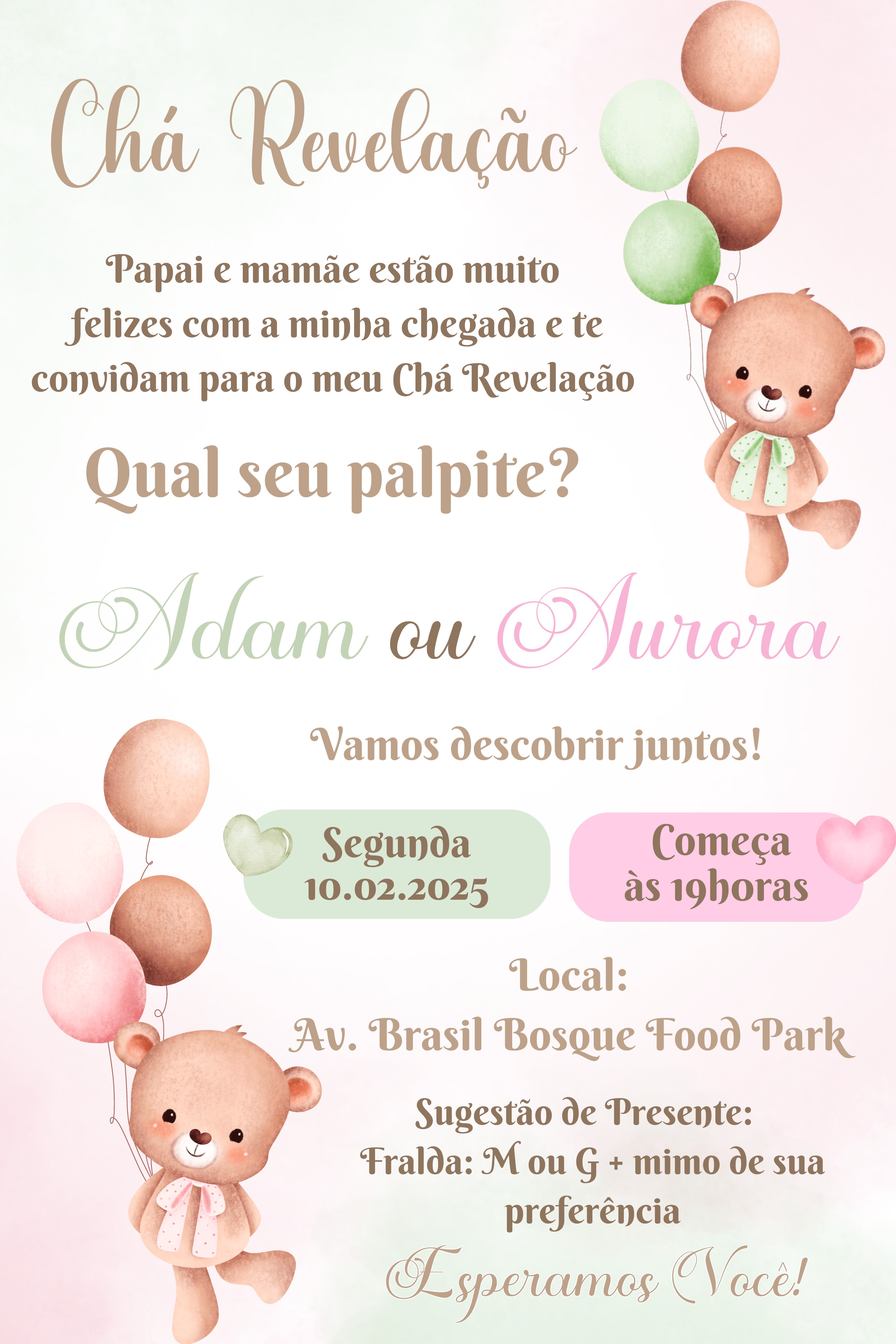 Convite Tradicional - Chá revelação rosa e verde 3 — imagem principal