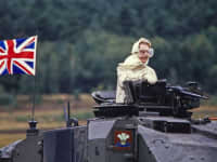 12. UK PM Margaret Thatcher in Chieftain tank. Germany 86. LO RES COPYRIGHT PETER JORDAN saunwk