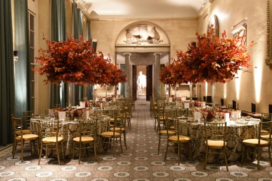 Woburn Abbey Weddings Sculpture Gallery receptiomn set up autumnal