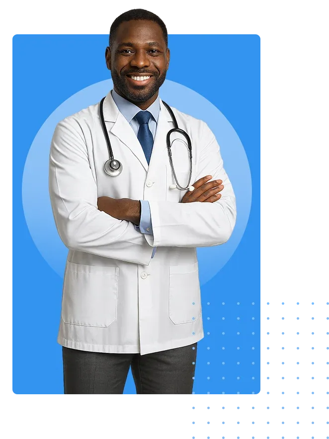 Physician wearing a white coat and stethoscope