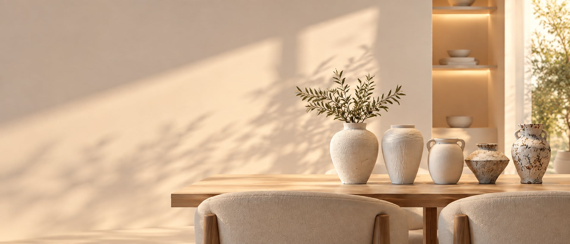 Stoneware vases with dried stems on a light wood console