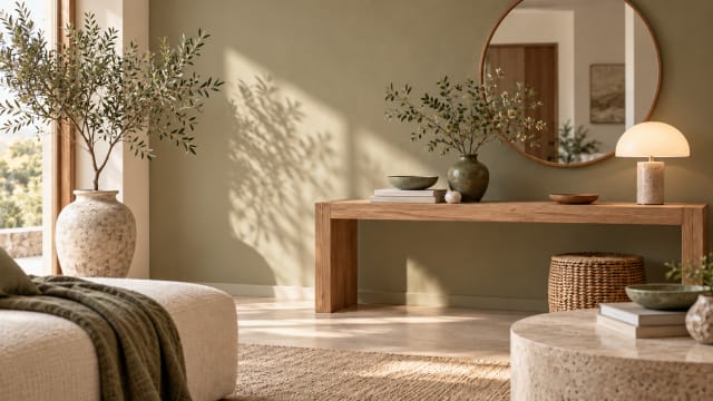 Linen sofa with a stoneware vase of dried branches on a walnut coffee table