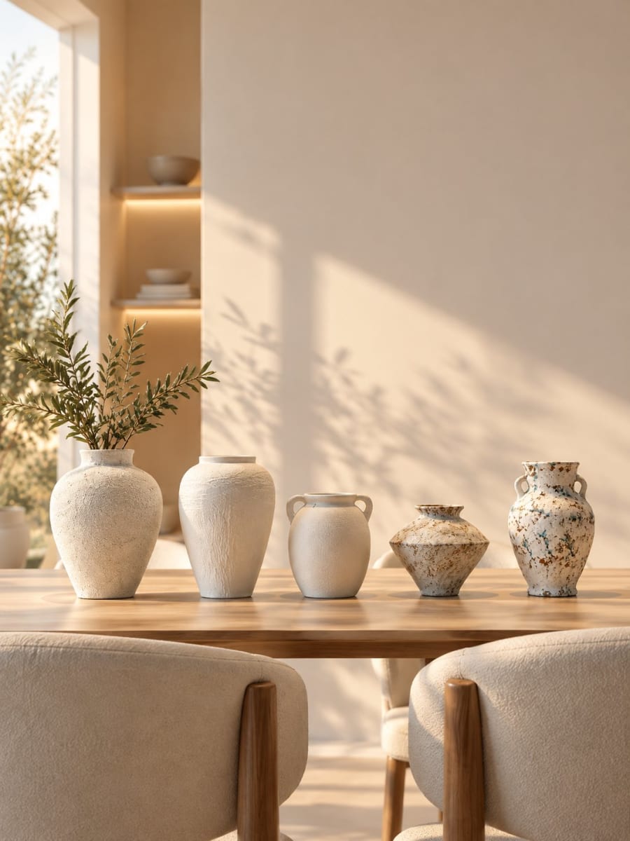 Stoneware vases with dried stems on a light wood console