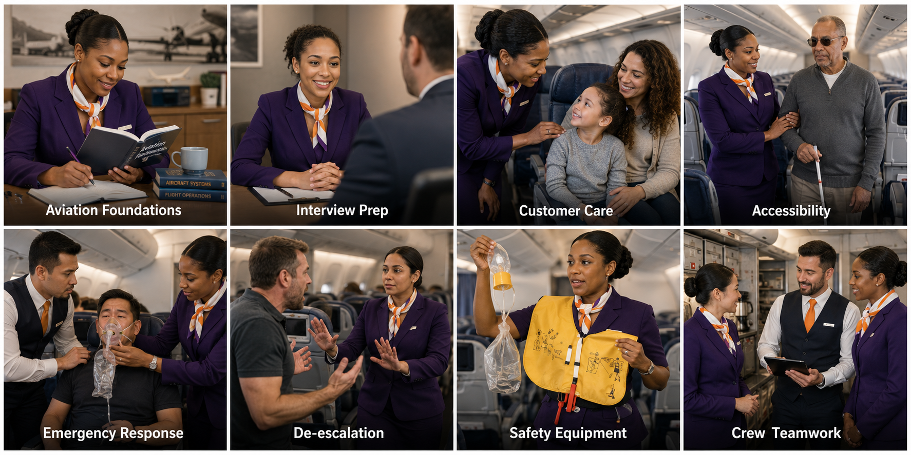 Flight Ready Academy course preview showing eight areas of flight attendant preparation.