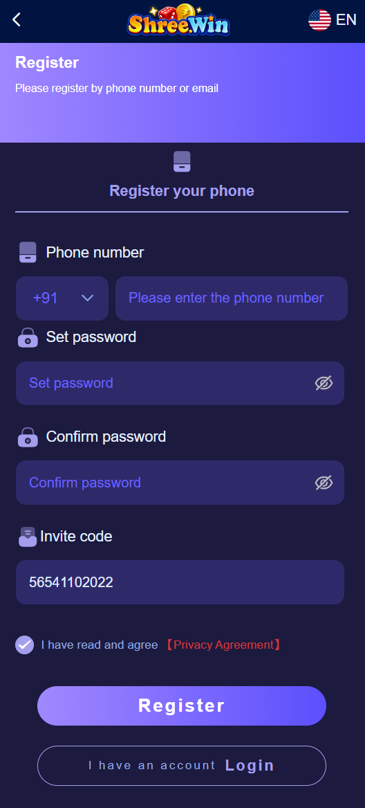 ShreeWin game registration page - create new account