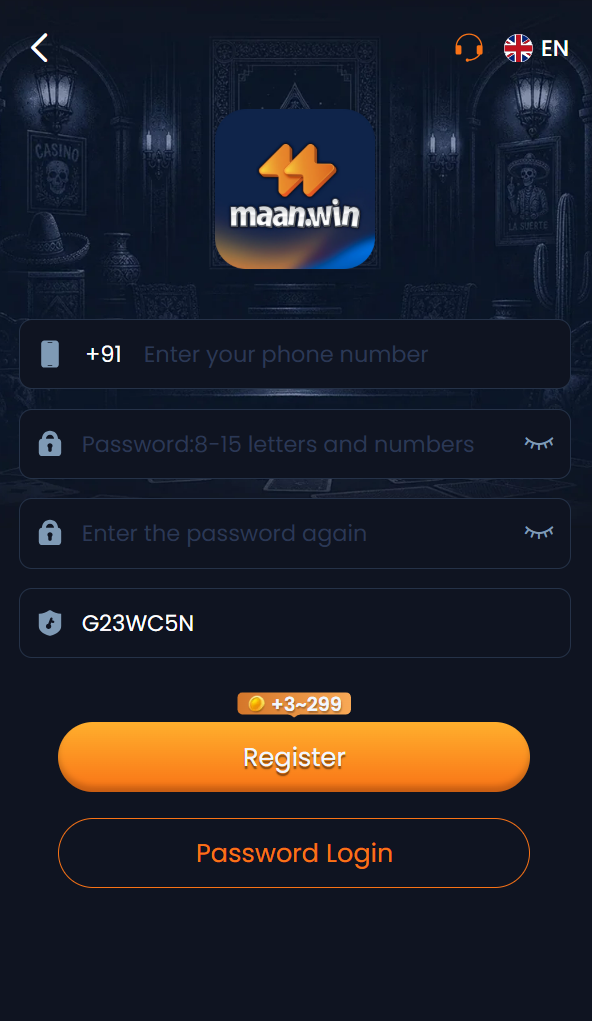 Maan Win Registration Preview interface with input fields for mobile verification, password creation, and invite tokens