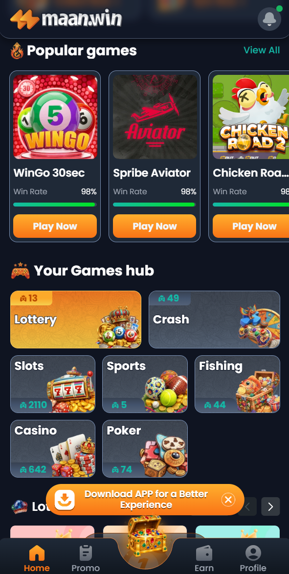 Maan Win Platform Dashboard UI showing wallet balances and game category icons