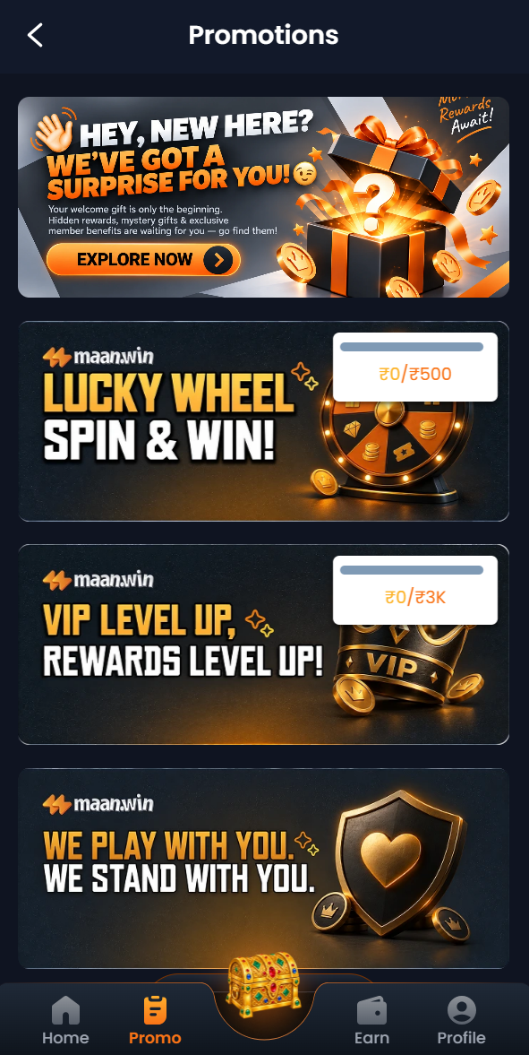 Maan Win Events and Promotion UI illustrating reward systems and challenge tracking cards