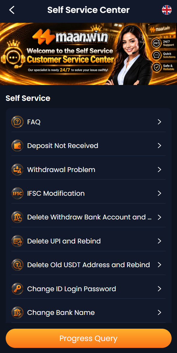 Maan Win Self-Service Support Center showing ticket submission forms, automated FAQs, and chat features