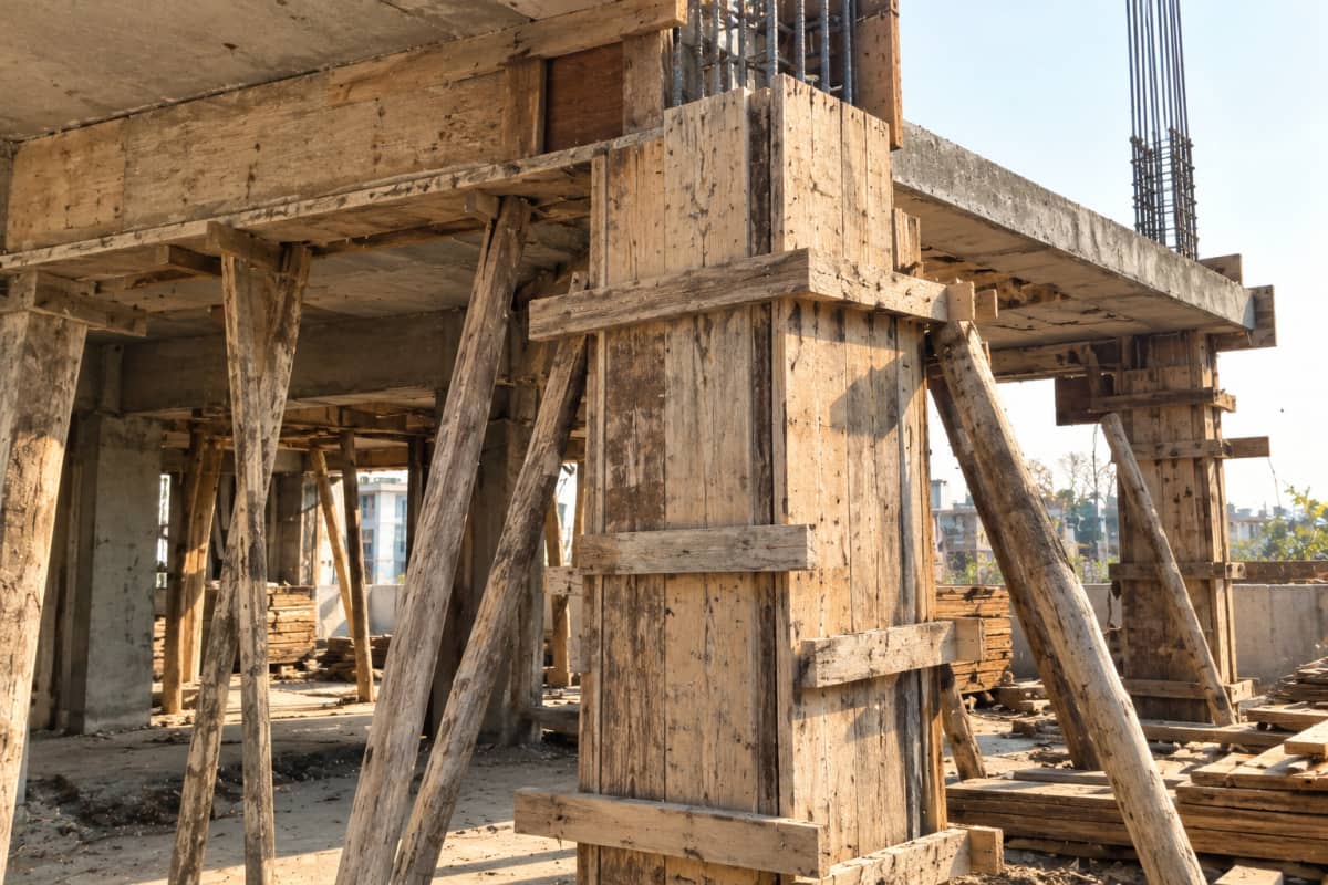 Timber shuttering and props holding a concrete column and slab on a building site
