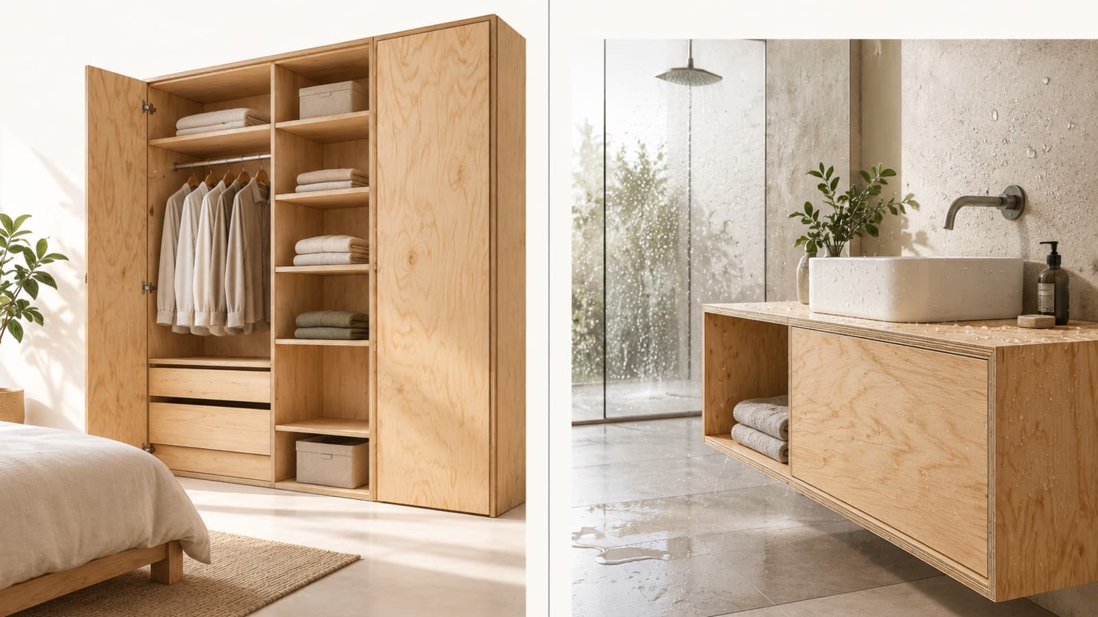 A plywood wardrobe in a dry bedroom beside a plywood vanity in a wet bathroom