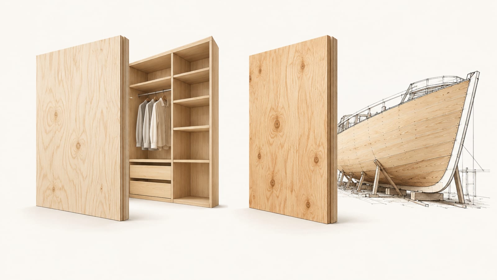 A plywood sheet beside a wardrobe, and a second sheet beside a boat hull on its stand