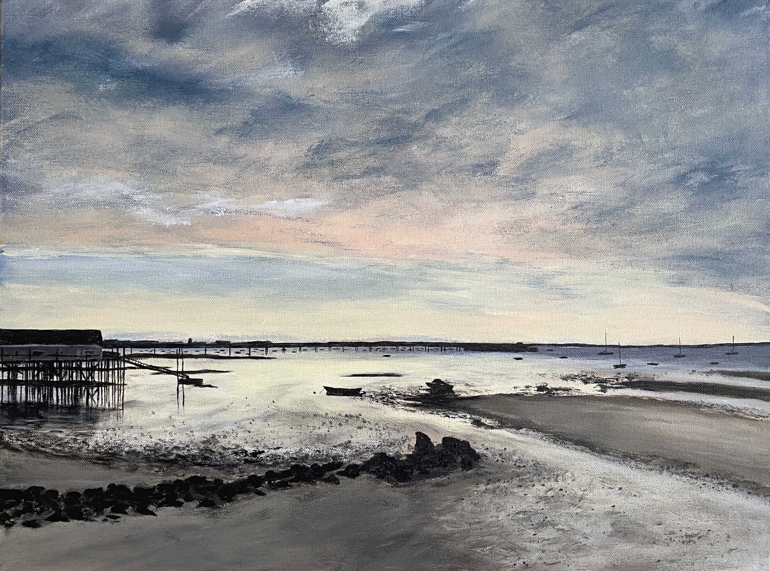 Provincetown Morning Light, acrylic painting by Ed Walsh, showing sailboats moored at low tide beneath a glowing dawn sky