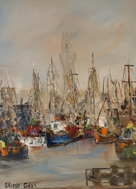 Home Port, oil painting by Brenda Silva, showing Provincetown's working fishing fleet at harbor