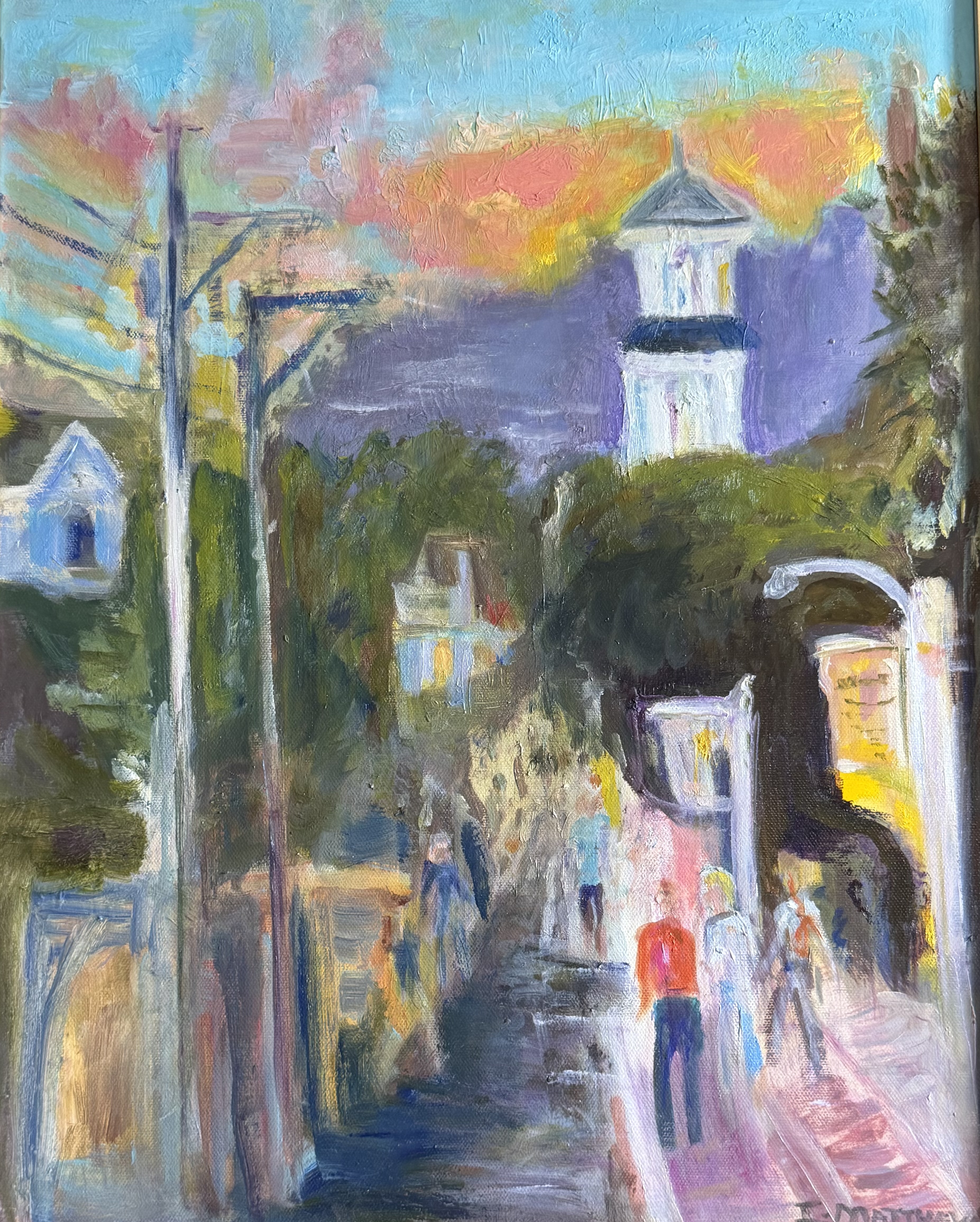 Evening Stroll by Irene Matthews, an oil painting of a narrow coastal street with figures moving toward the water.