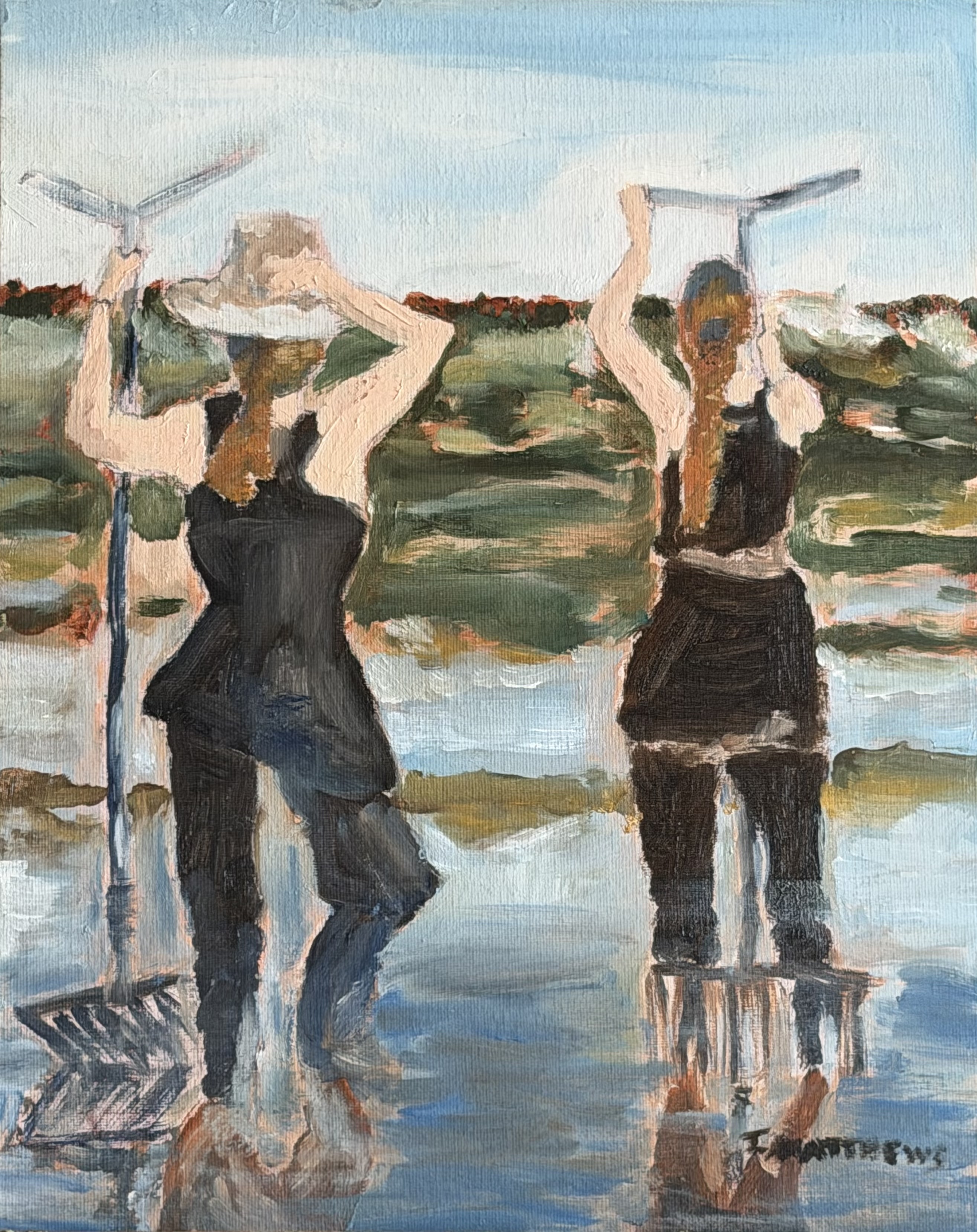 On the Flats, Fishing Diva Series, by Irene Matthews, an oil painting of two figures standing in shallow water with long rakes raised.