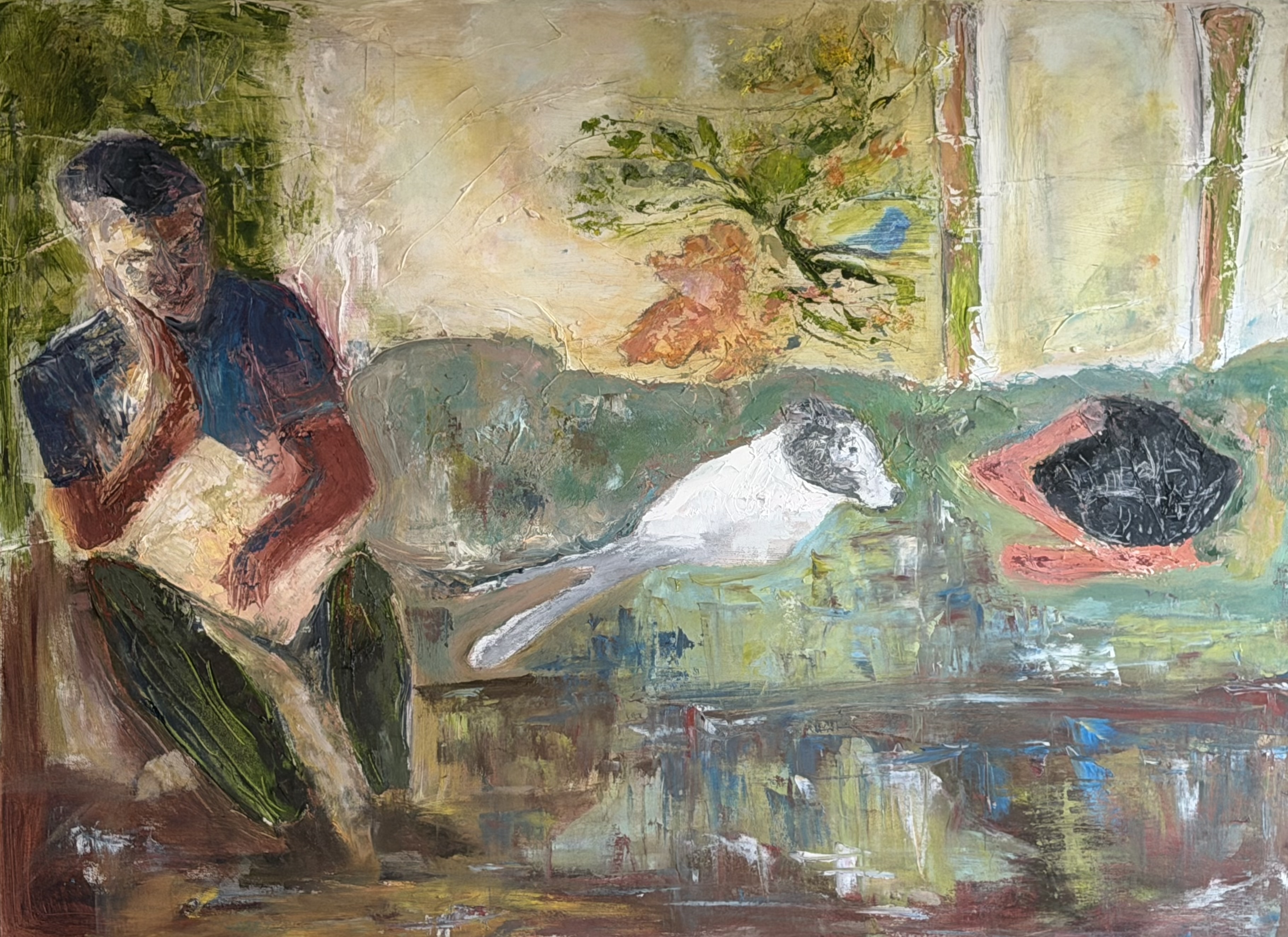 Waking Up by Irene Matthews, an oil painting of a seated figure with a dog in a textured domestic interior.