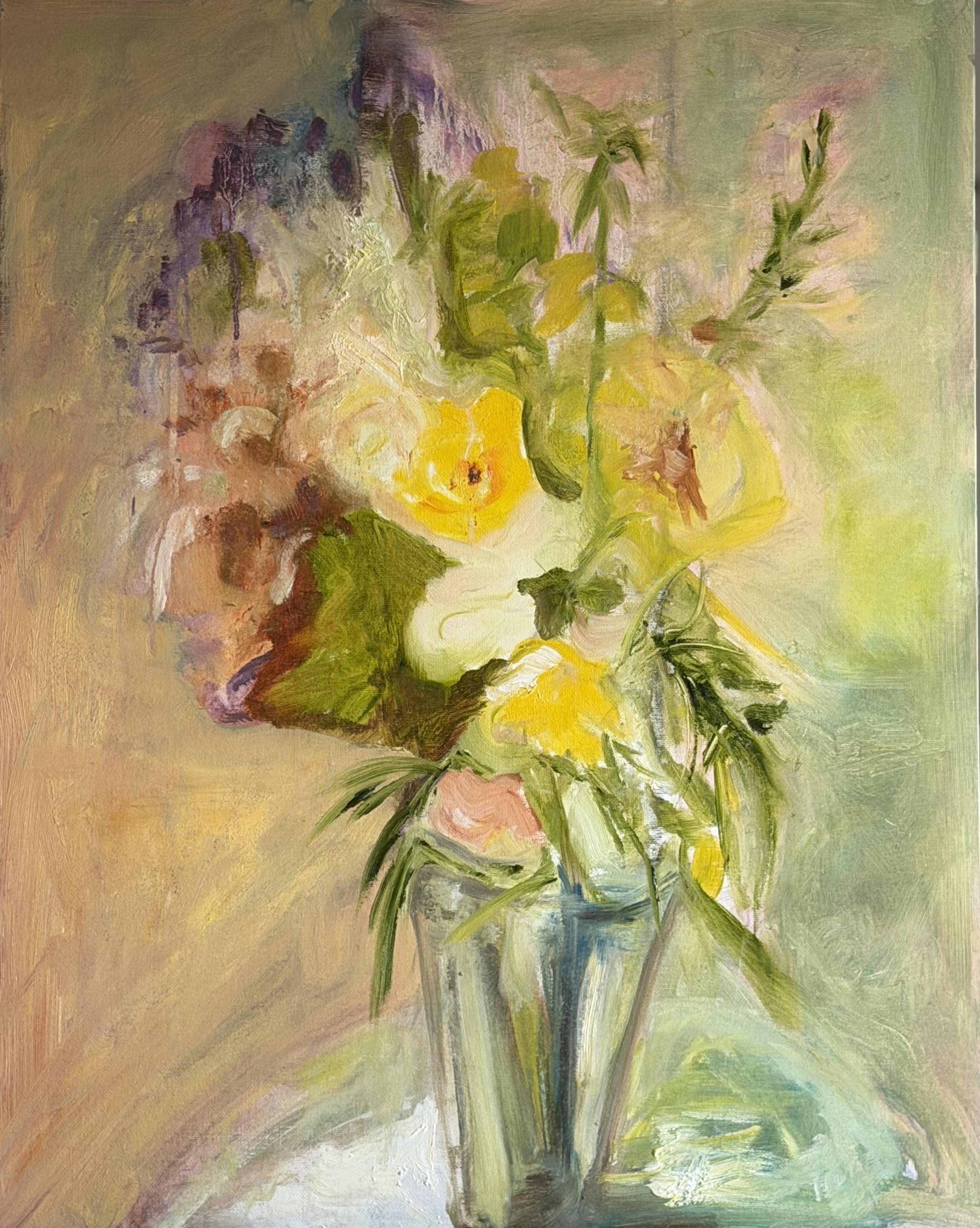 Watery Flowers by Irene Matthews, an oil painting of flowers arranged in a glass vase.