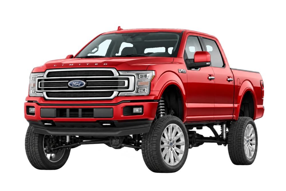 Red Ford F-150 illustrating 8″+ lift kits