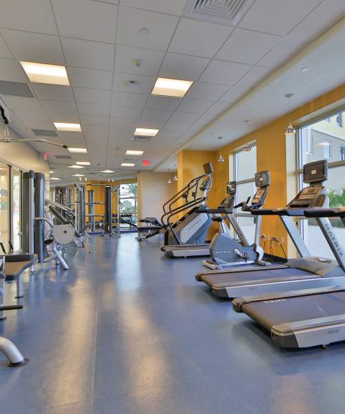 Modern fitness center with cardio equipment at Bayview Student Living in North Miami, Florida