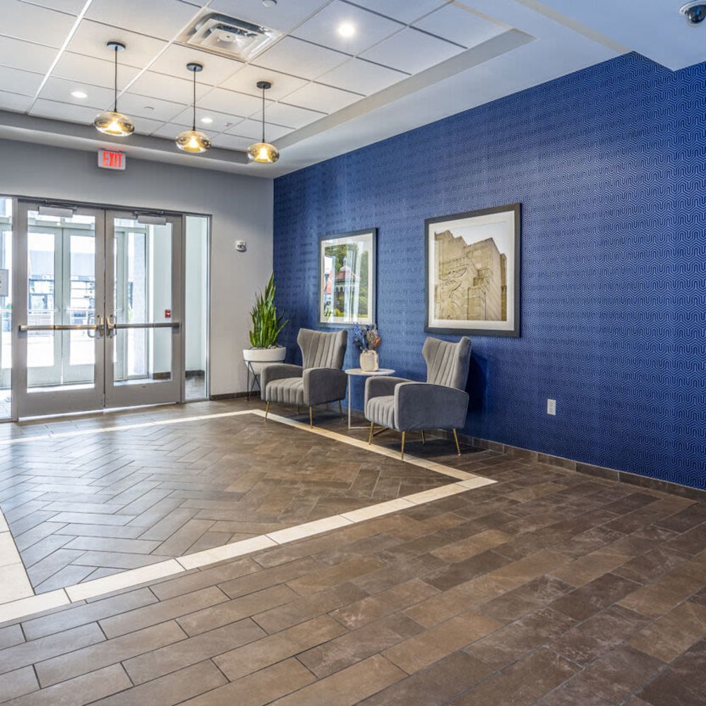 Community indoor seating area at Radius at The Banks in Cincinnati, Ohio