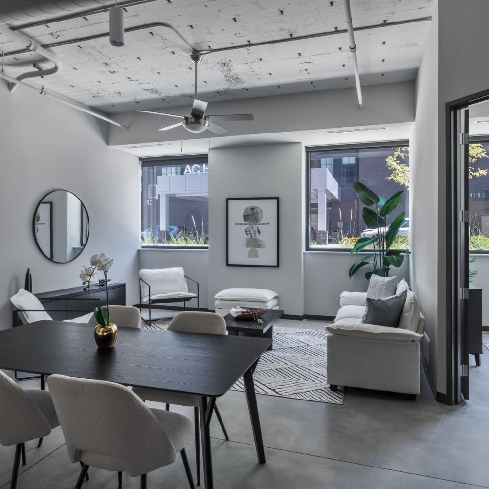 Living room with open layout at The Delco in Dayton, Ohio