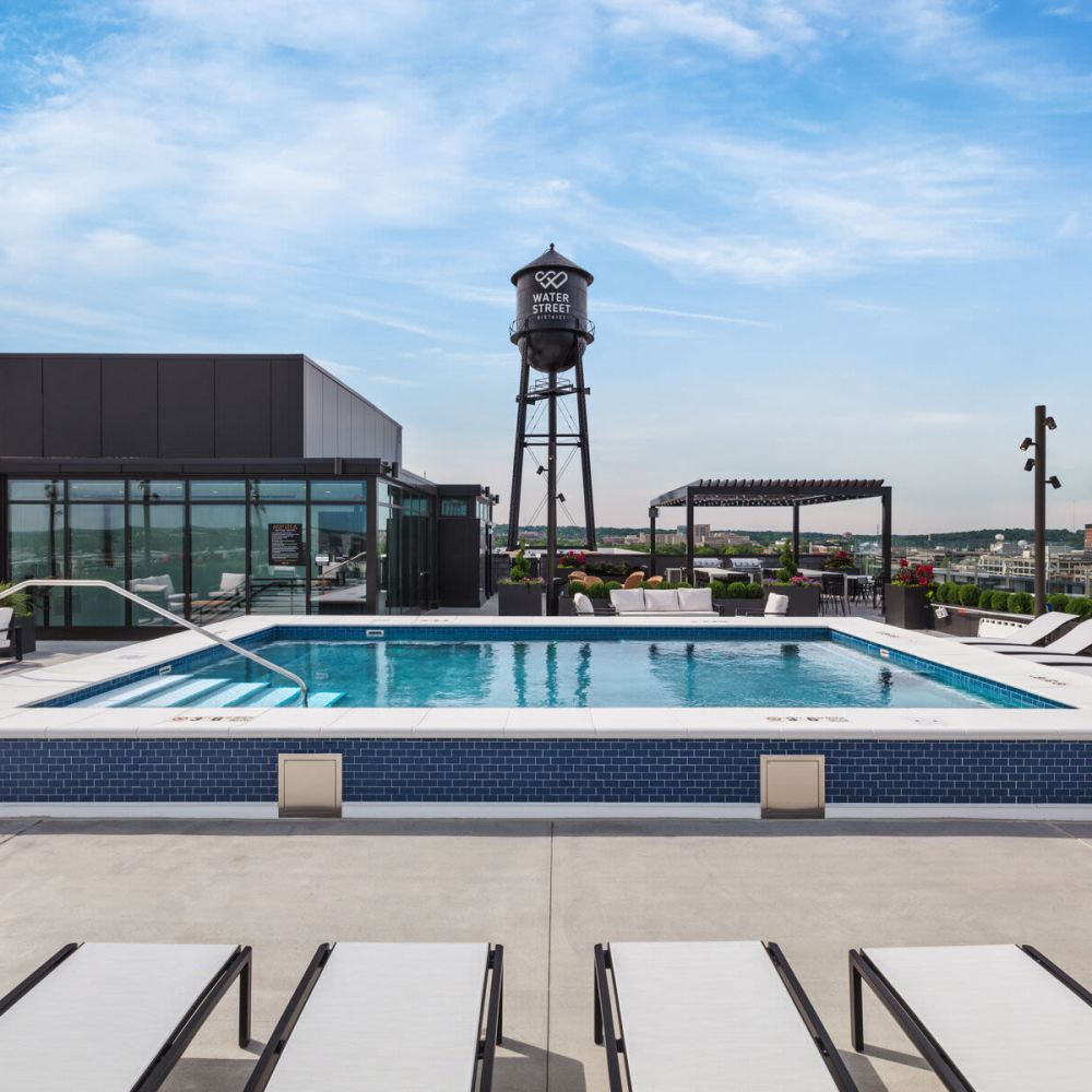 A view of the swimming pool at The Delco in Dayton, Ohio