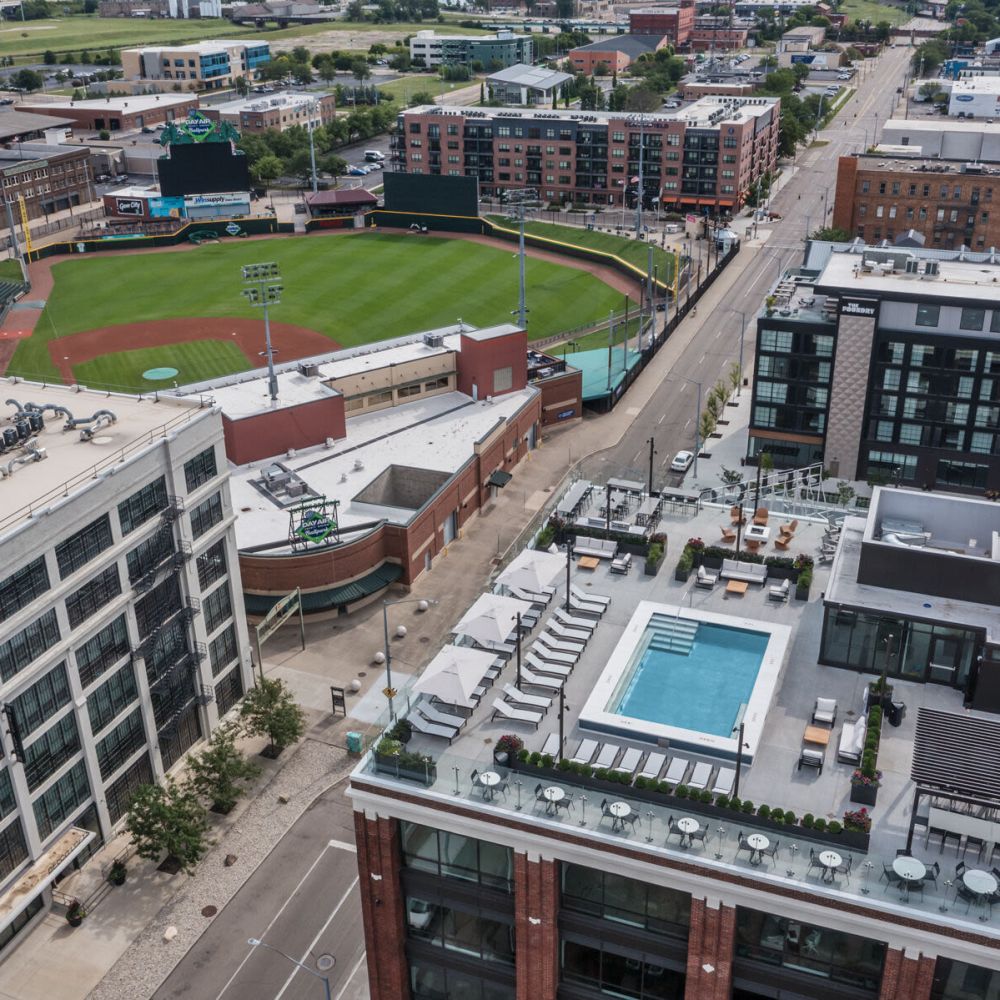 Aerial view of the roof-top swimming pool at The Delco in Dayton, Ohio