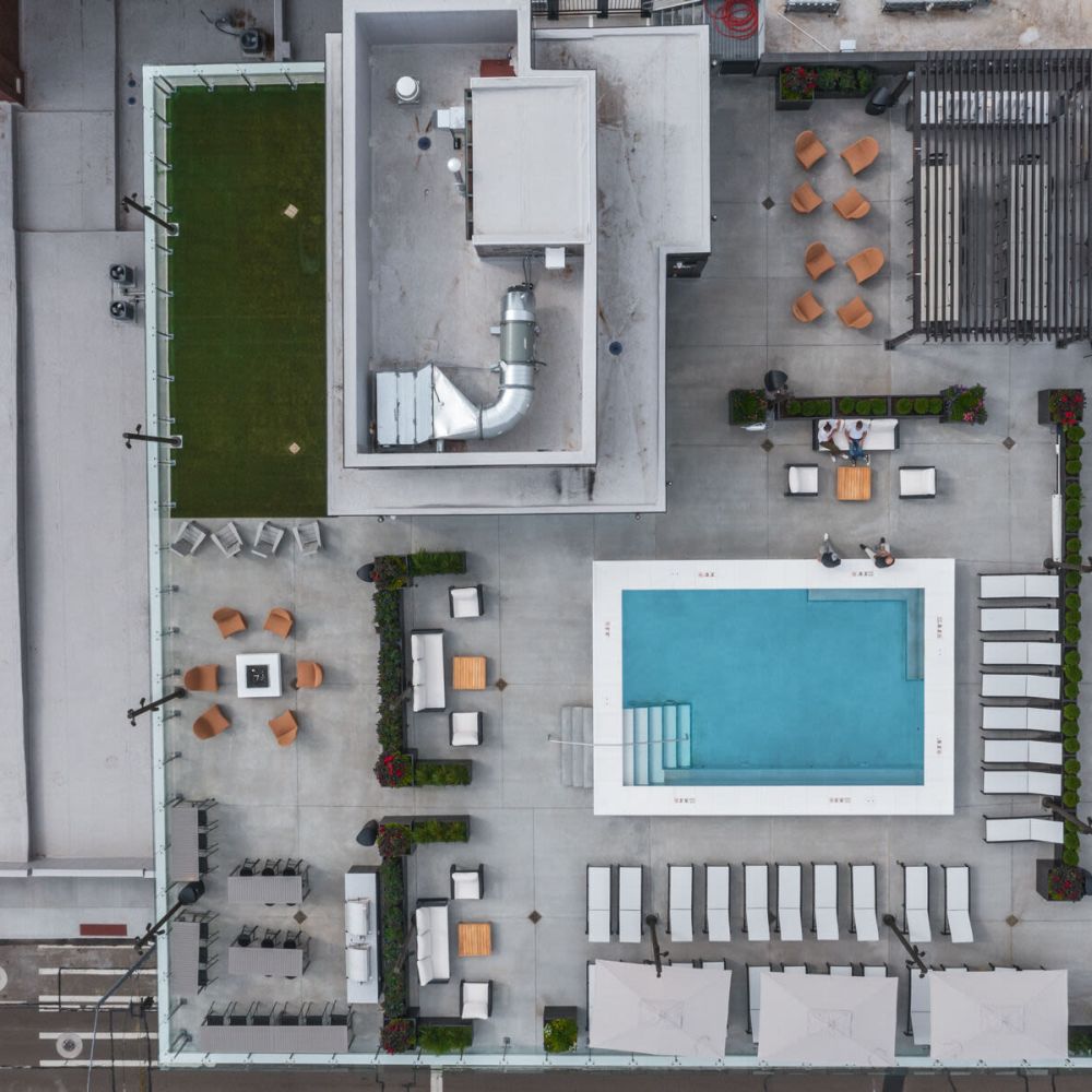 A drone view of the roof-top swimming pool at The Delco in Dayton, Ohio
