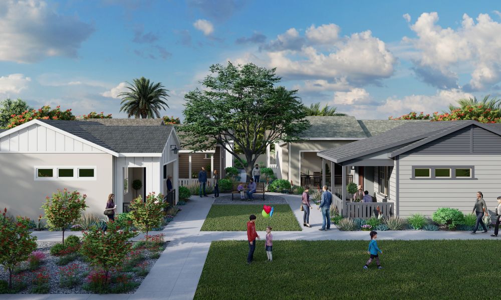 Rendering of residents enjoying outdoor space with green lawns and colorful flowers, people walking and playing together at The Havenly Gilbert in Gilbert, Arizona