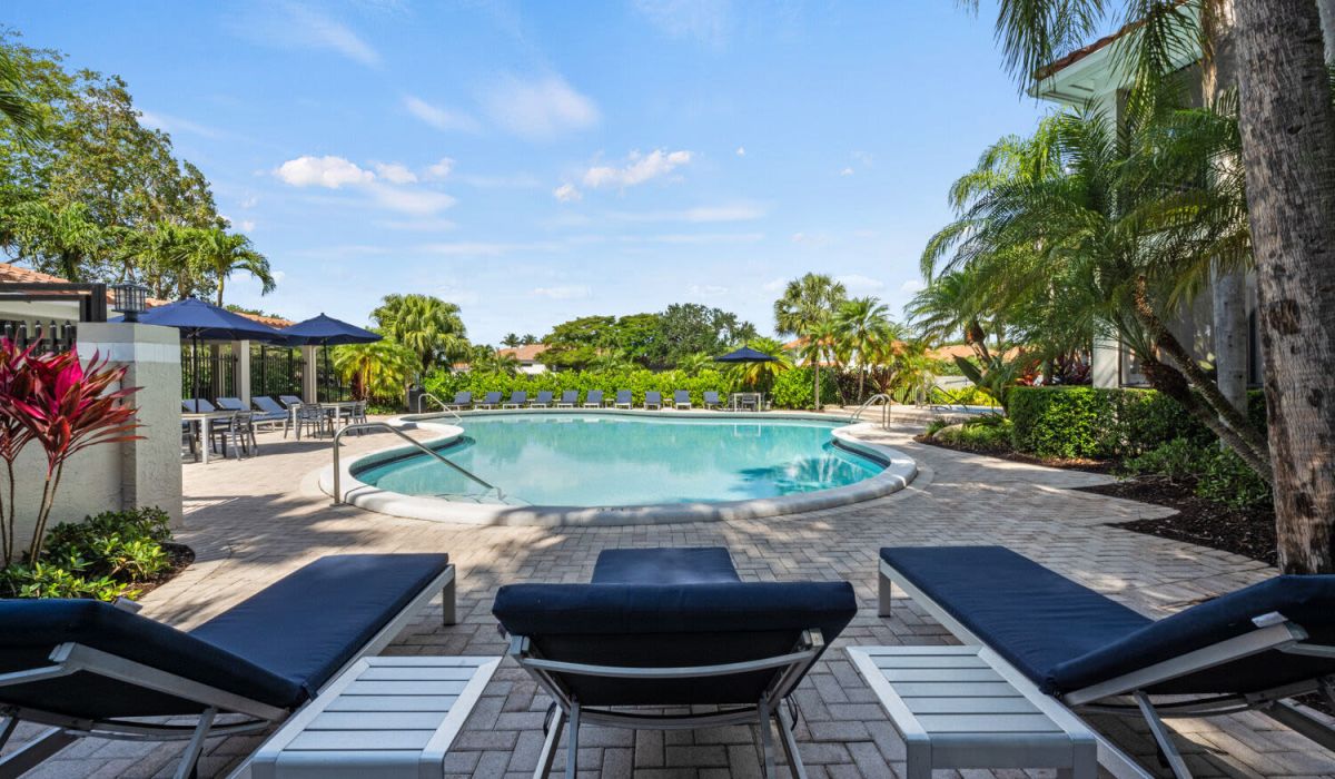Shimmery swimming pool at Mizner Court in Boca Raton Florida