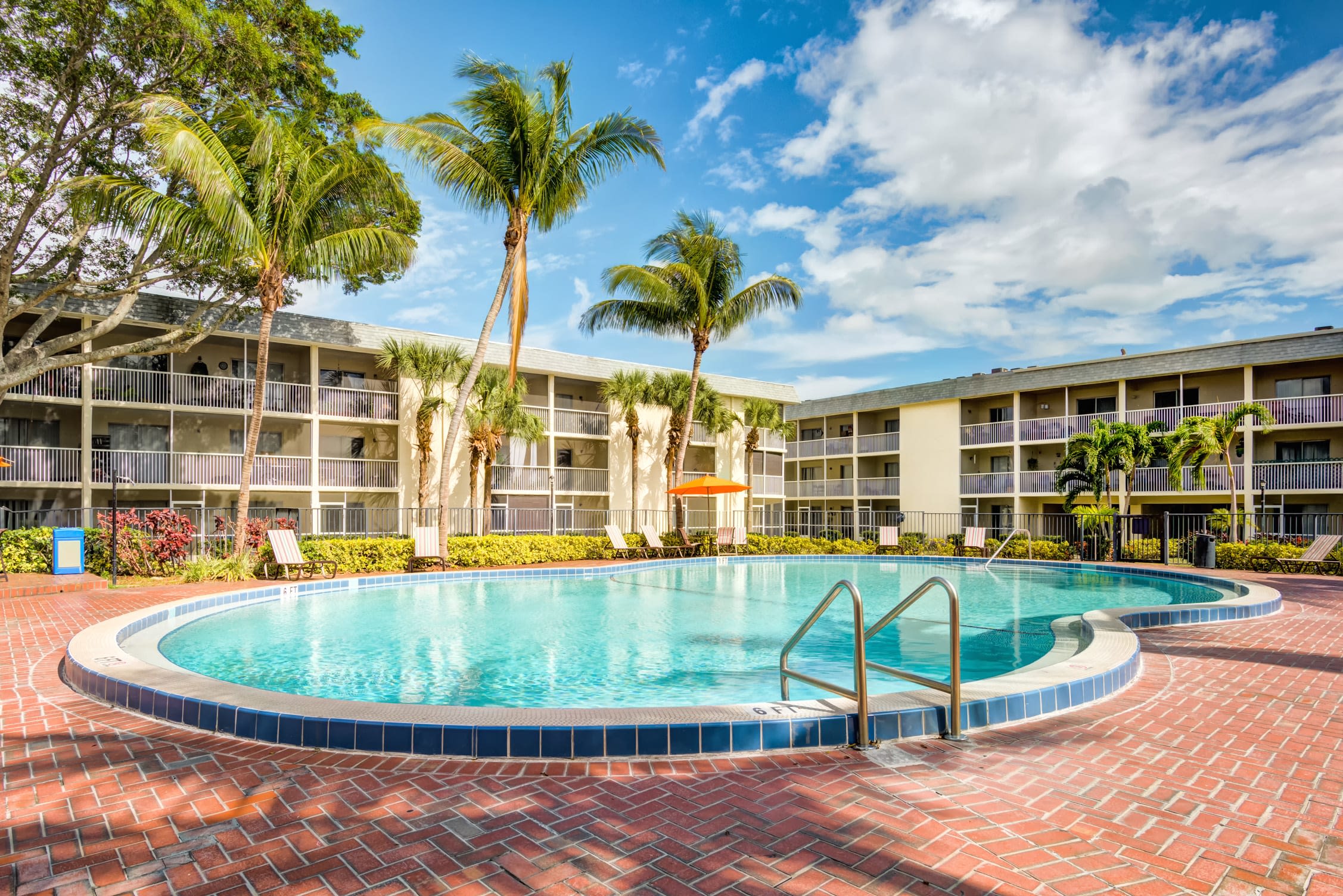 Resort-style pool lined with palm trees at Coronado Springs in Palm Springs, Florida