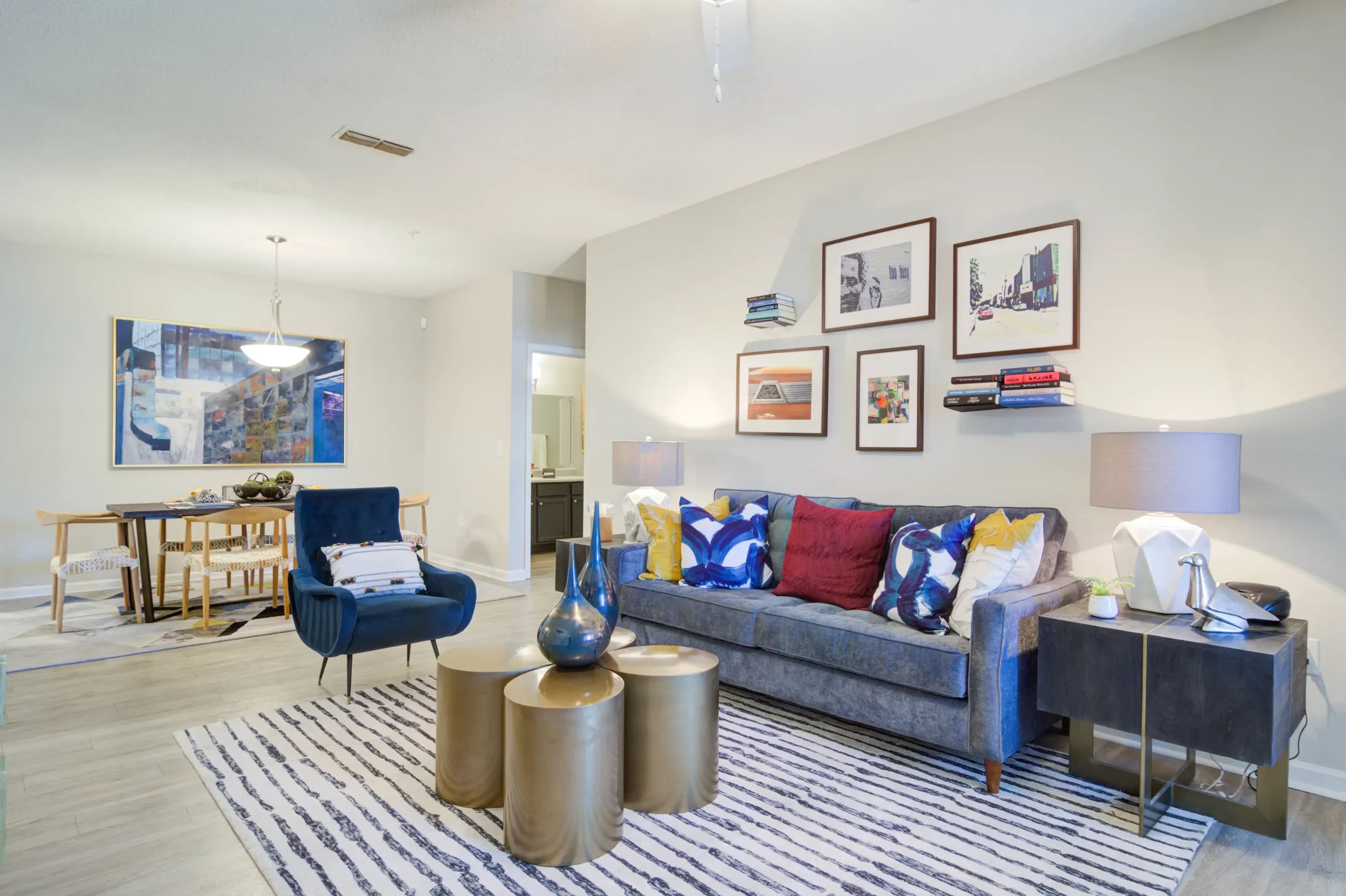 Modern furnishings in an apartment living room at Villas at Princeton Lakes in Atlanta, Georgia