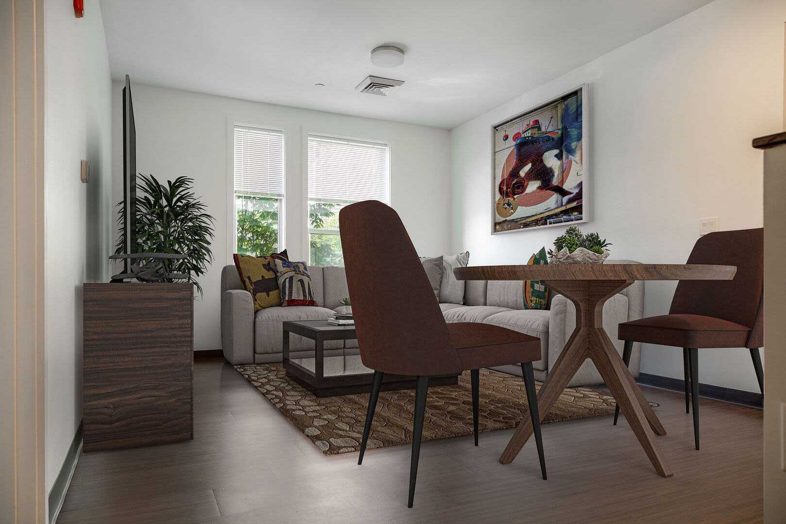 Living room with large window at 61 Heath in Jamaica Plain, Massachusetts