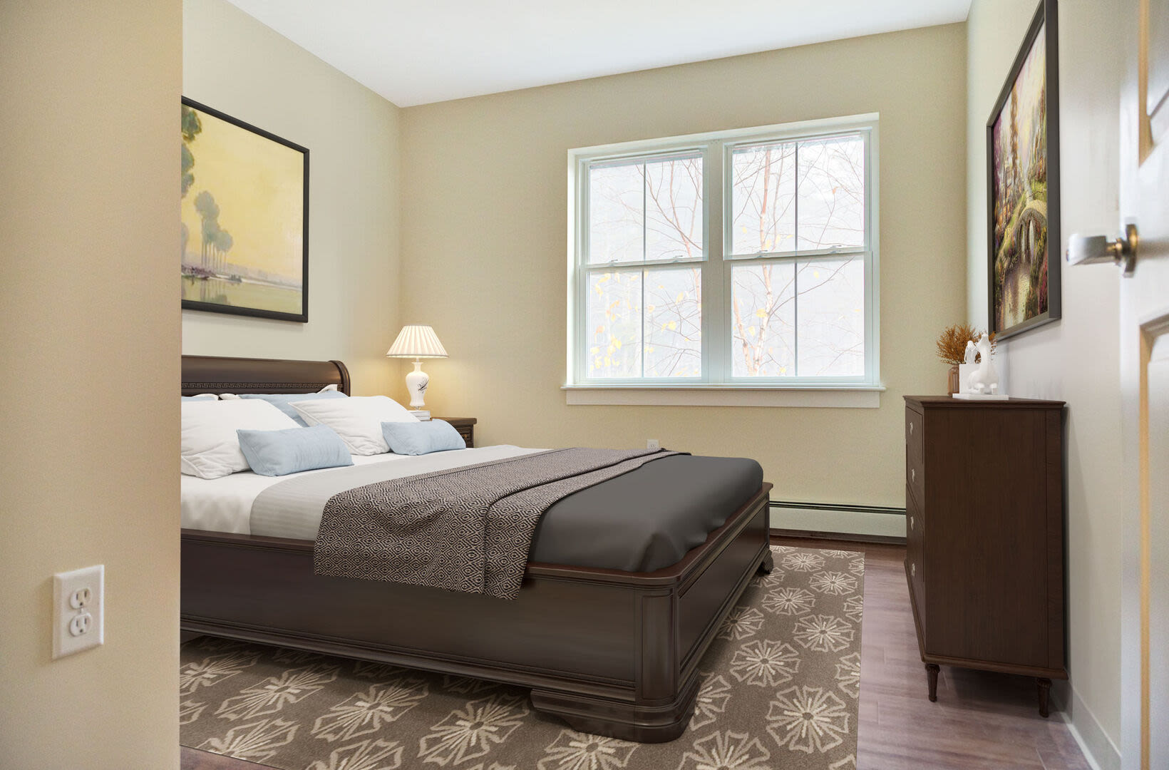 Bedroom with comfortable bed and window at Barstow Village in Hanover, Massachusetts
