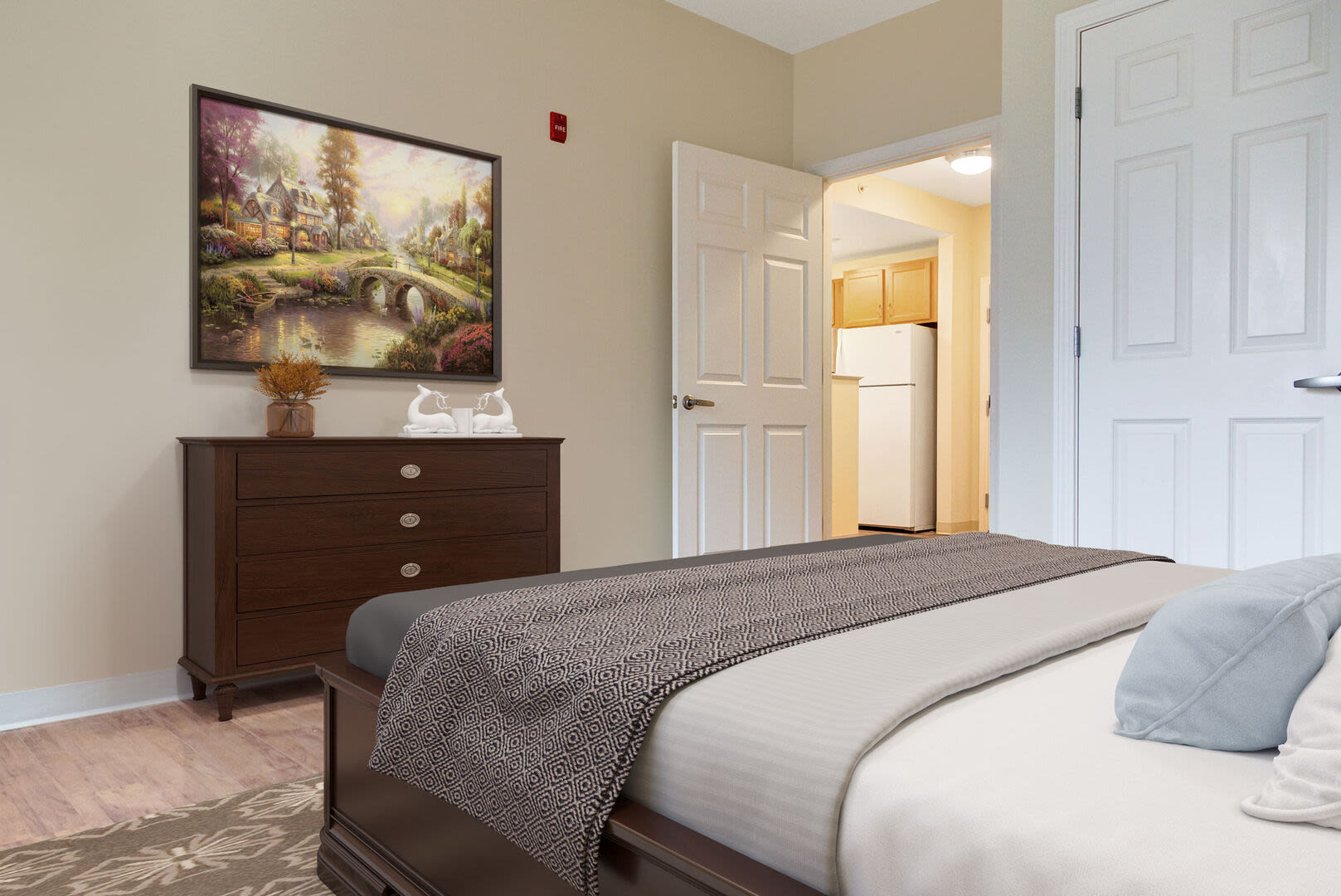 Bedroom with access to kitchen at Barstow Village in Hanover, Massachusetts