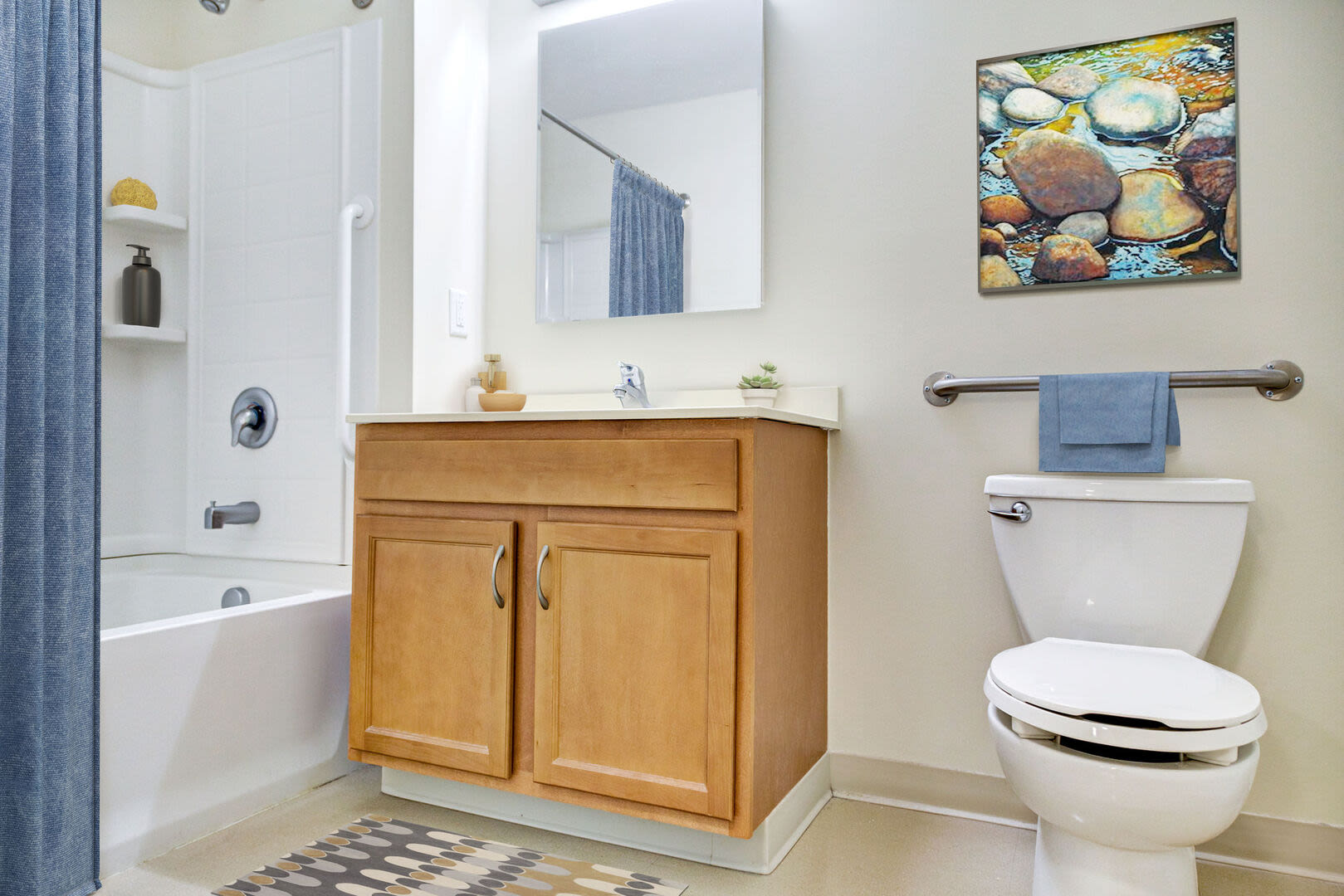 Bathroom with shower and tub at Barstow Village in Hanover, Massachusetts