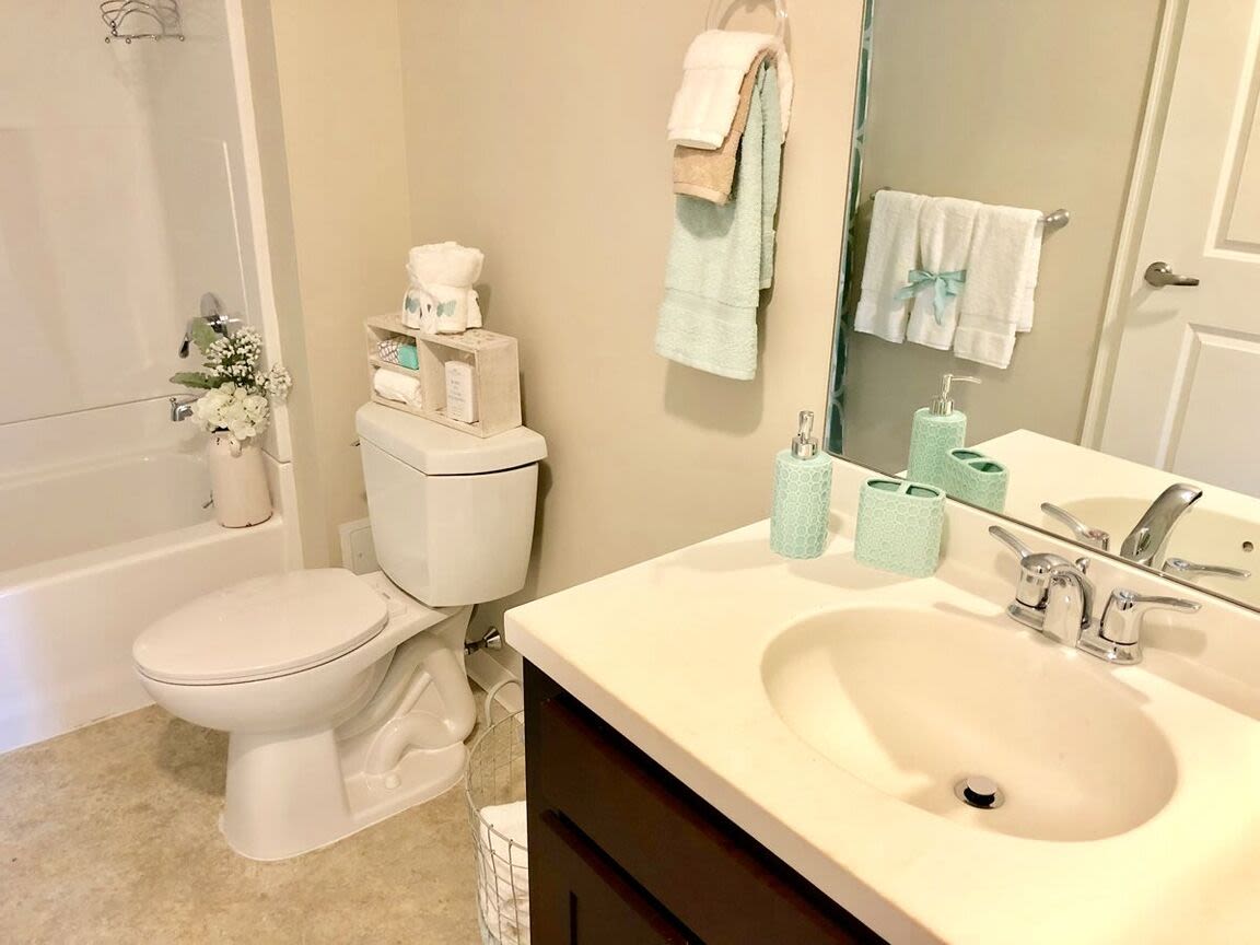 Bright bathroom with large mirror and storage space at Bethany Apartments in Hanover, Massachusetts
