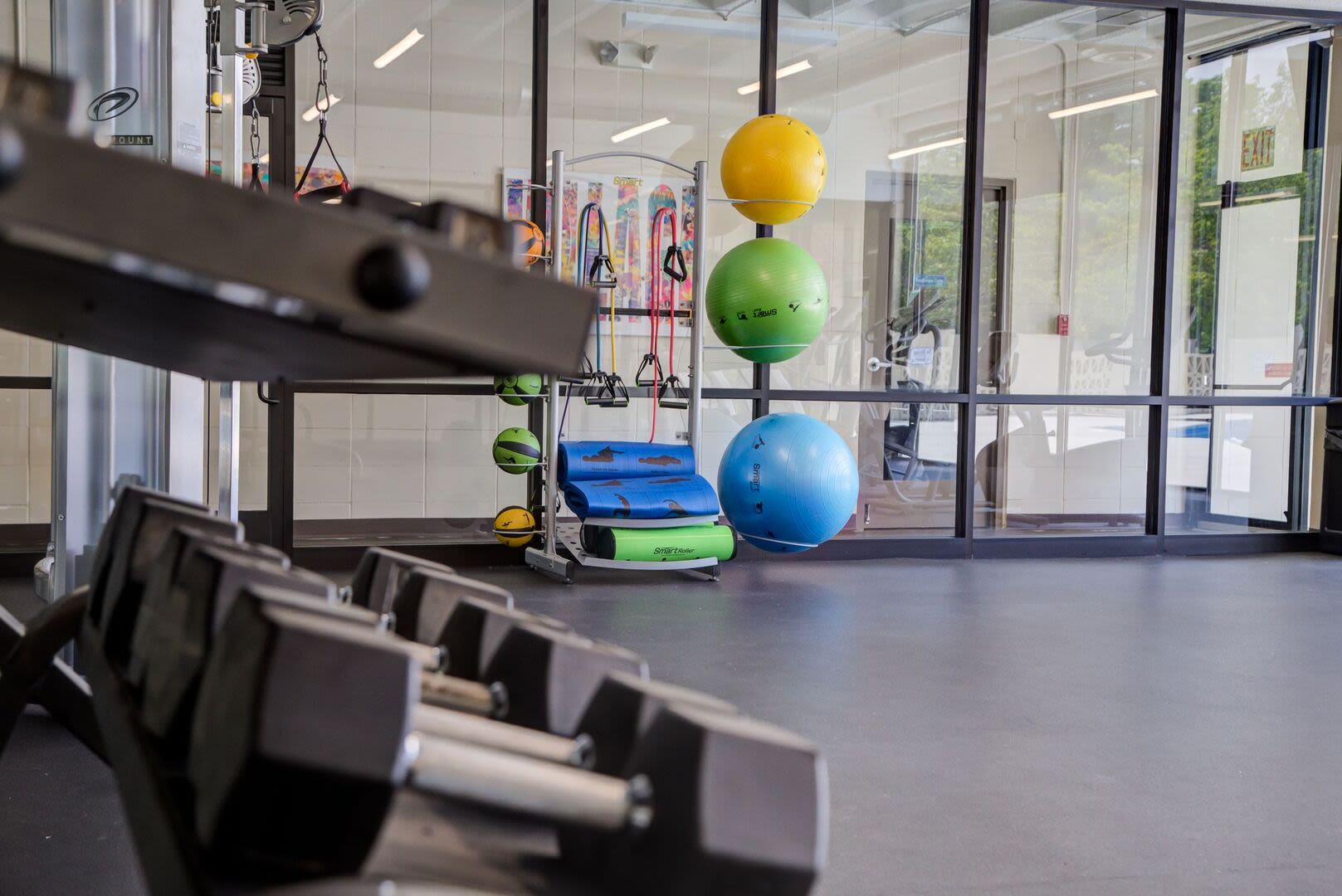 Dumbbell's and yoga ball in fitness center at Braintree Village in Braintree, Massachusetts