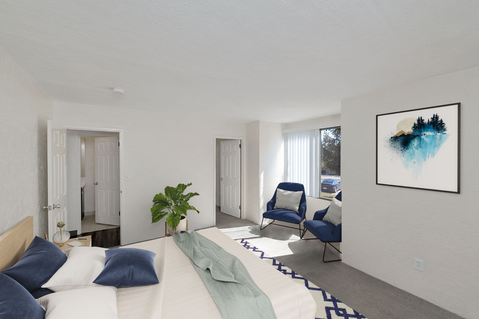 Modern bedroom with large bed and access to walk-in closet at Braintree Village in Braintree, Massachusetts
